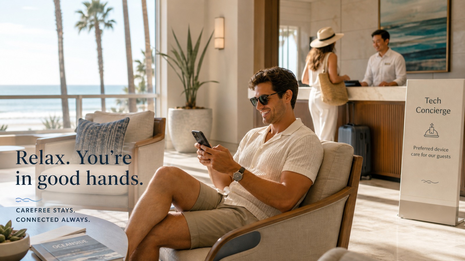 Happy hotel guest with repaired phone